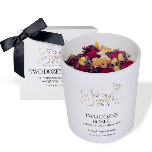 Two Dozen Roses soy candle presented as a romantic candle gift with black ribbon
